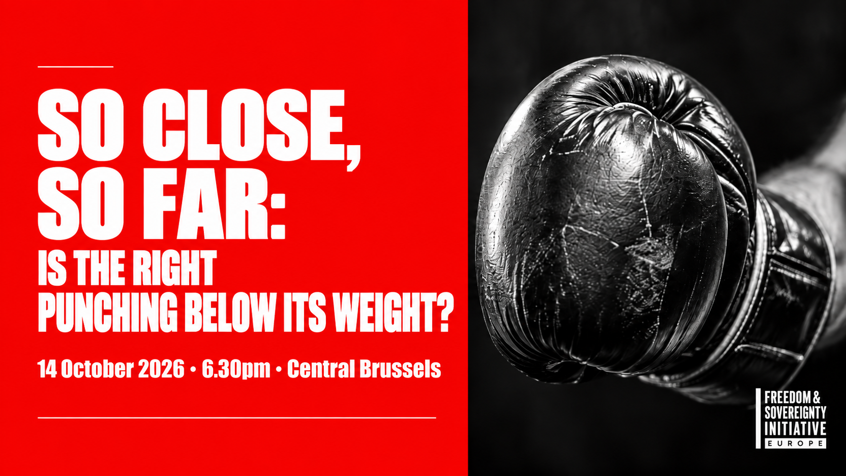 So close, so far: is the right punching below its weight? – 14 October 2026, 6.30pm, Central Brussels. Boxing gloves alongside the event title and FSI Europe logo.